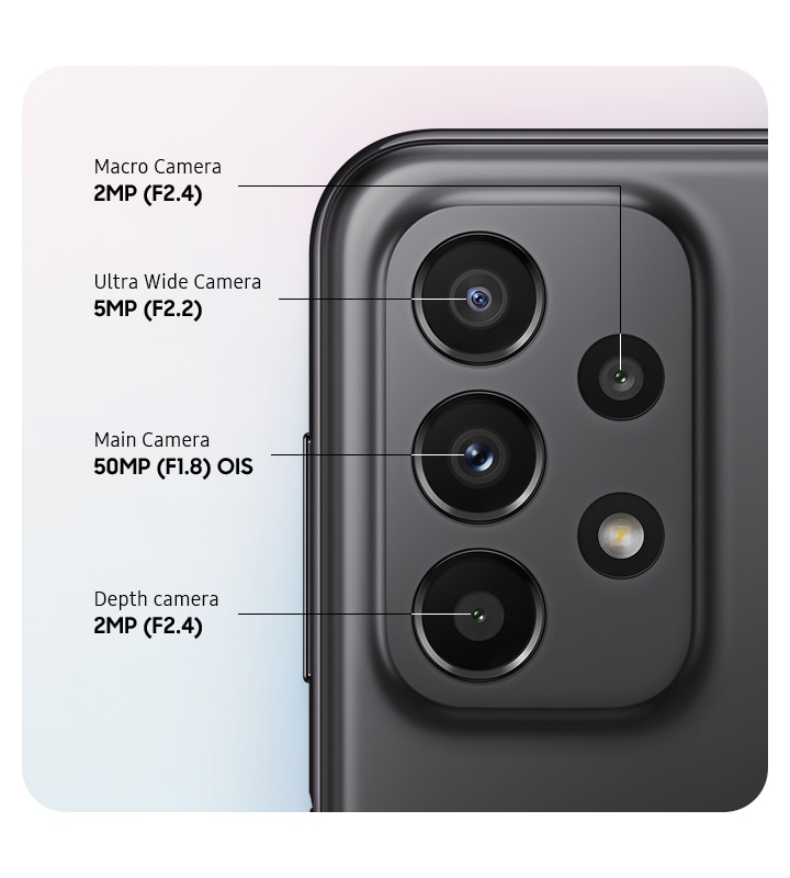 Stražnji krupni plan napredne četverostruke kamere, prikazuje F1.8 glavnu kameru od 50 MP uključujući ois, F2.2 5 MP ultra široku kameru, F2.4 2 MP dubinsku kameru i F2.4 2 MP makro kameru.