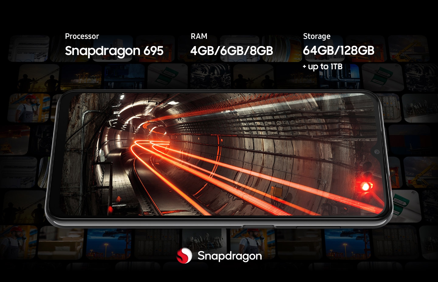 Pozadina Galaxy A23 5G prikazuje podzemni tunel kroz koji prolaze crvena svjetla. Oko pametnog telefona su izblijedjele sličice različitog sadržaja. Uređaj nudi Snapdragon 695 procesor.