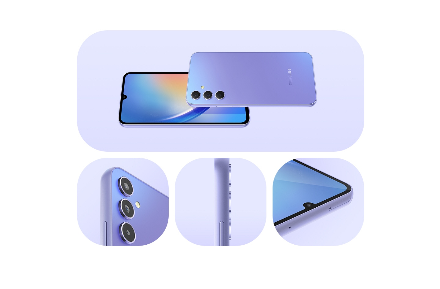 3. Dizajn Galaxy A34 5G je na napravah prikazan v svetlo vijoličasti barvi. Prikazana sta sprednja in zadnja stran, skupaj z bližnjim posnetkom sistema z več kamerami na zadnji strani ter stranske in sprednje kamere.  