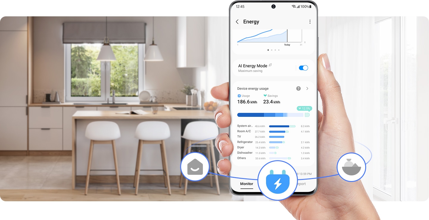 Aplikacija SmartThings je na zaslonu. SmartThings AI Energy Mode je uključen.