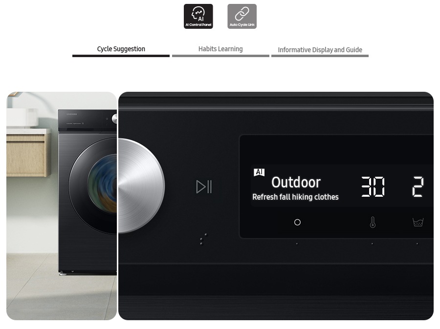 AI Control Panel icon is selected.The AI washer’s control panel displays the Cycle suggestion, Habits learning, Informative display and guide. Auto Cycle Link icon is selected. Two sets of washers and dryers are placed differently in two separate living spaces. Drying cycles are automatically set.