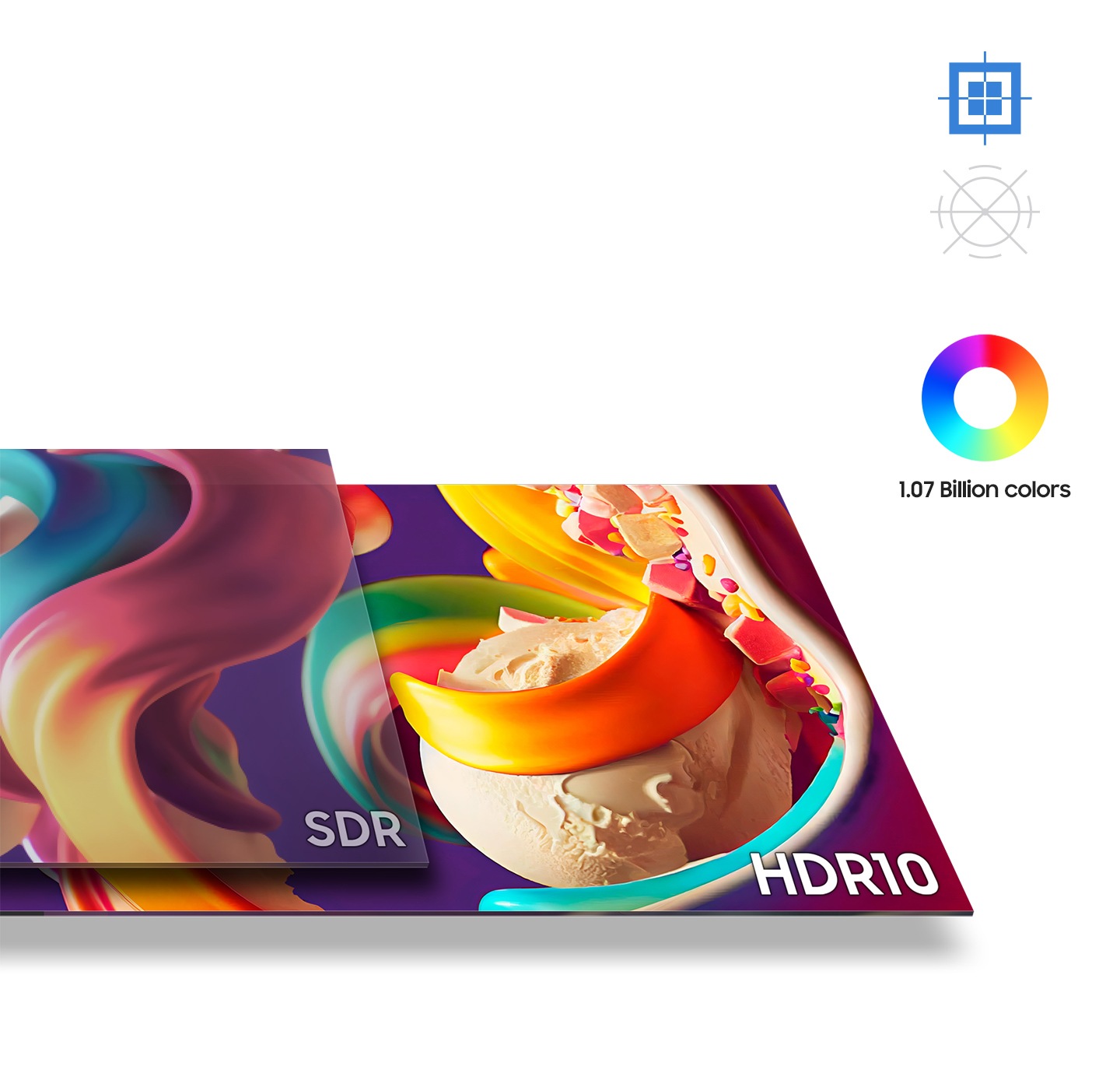 Zaslon leži na vrhu drugog zaslona, ​​a šarena apstraktna slika se vidi na oba zaslona. Na manjem ekranu piše "SDR", a na većem "HDR10". Boje na HDR10 ekranu su svjetlije.