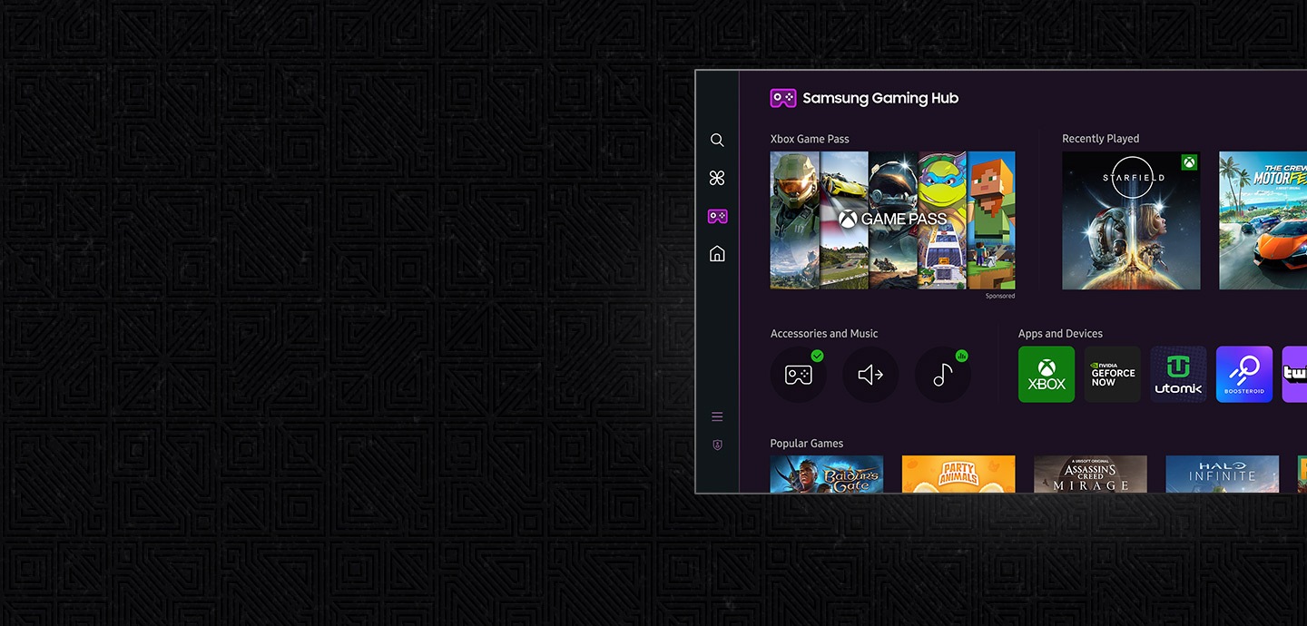 Zaslon monitora prikazuje početni zaslon Gaming Huba, s više igara i aplikacija dostupnih za igranje, u kategorijama kao što su "Xbox Game Pass" i "Recently Played".