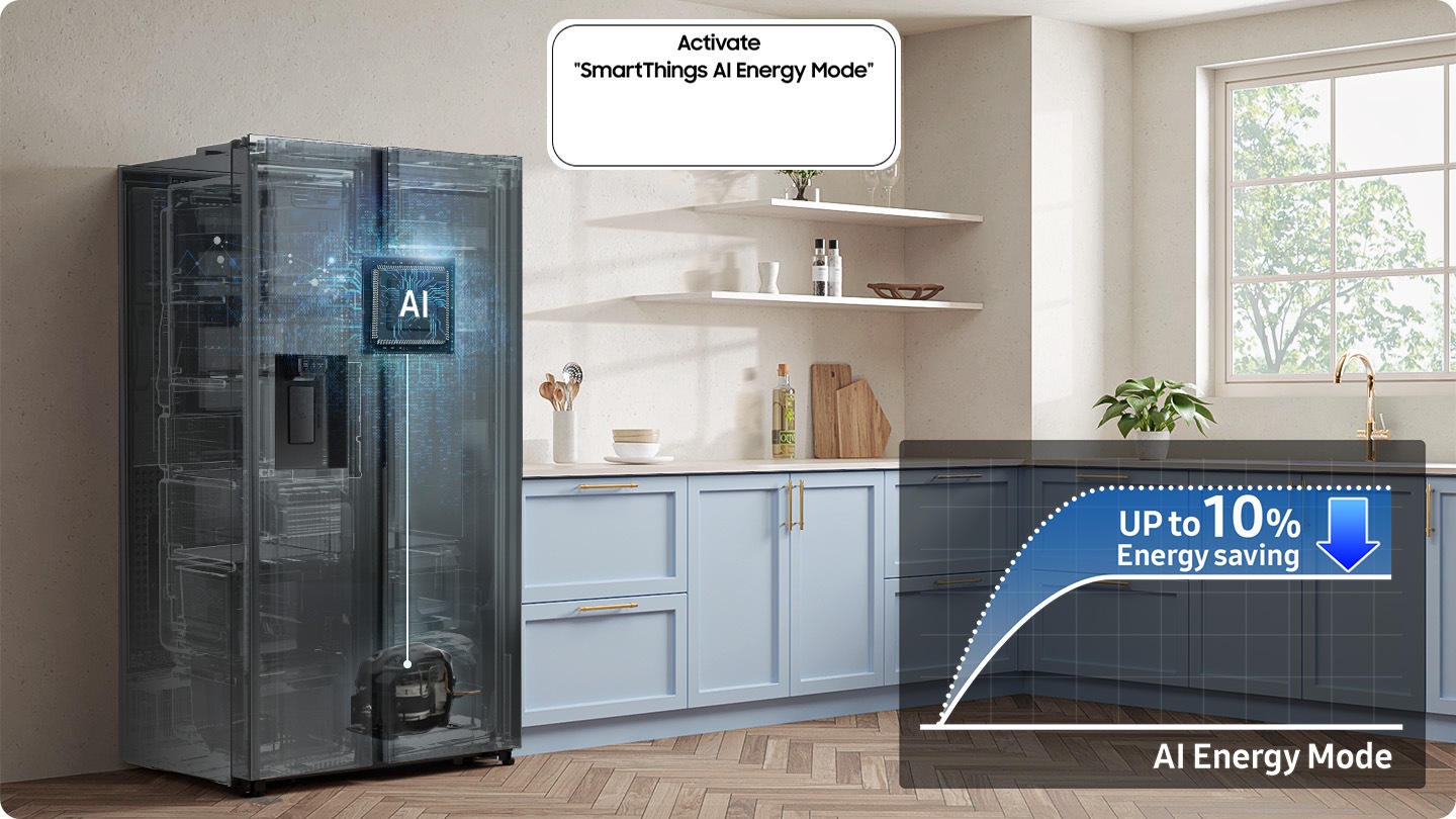 The refrigerator installed in the kitchen with the Activate “SmartThings AI Energy Mode” button ON. The AI Energy Mode is turned on, AI activated to check internal and manage the compressor, and a graph shows the UP to 10% Energy Saving effect when in AI Energy Mode compared to Normal mode.