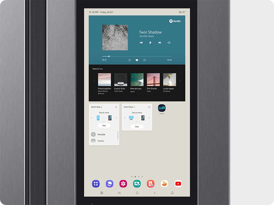 Prikazuje aplikaciju SmartThings na zaslonu Family Huba u hladnjaku. Možete slušati glazbu.