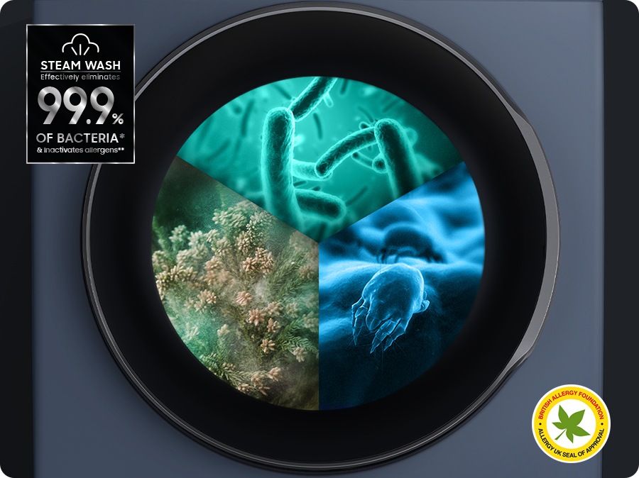 Para se raspršuje unutar vrata perilice za uklanjanje alergena i bakterija. Parno pranje učinkovito eliminira 99,9% bakterija* i deaktivira alergene**. Desno dolje prikazano je pranje parom s certifikatom BRITISH ALLERGY FOUNDATION i ALLERGY UK SEAL OF APPROVAL.
