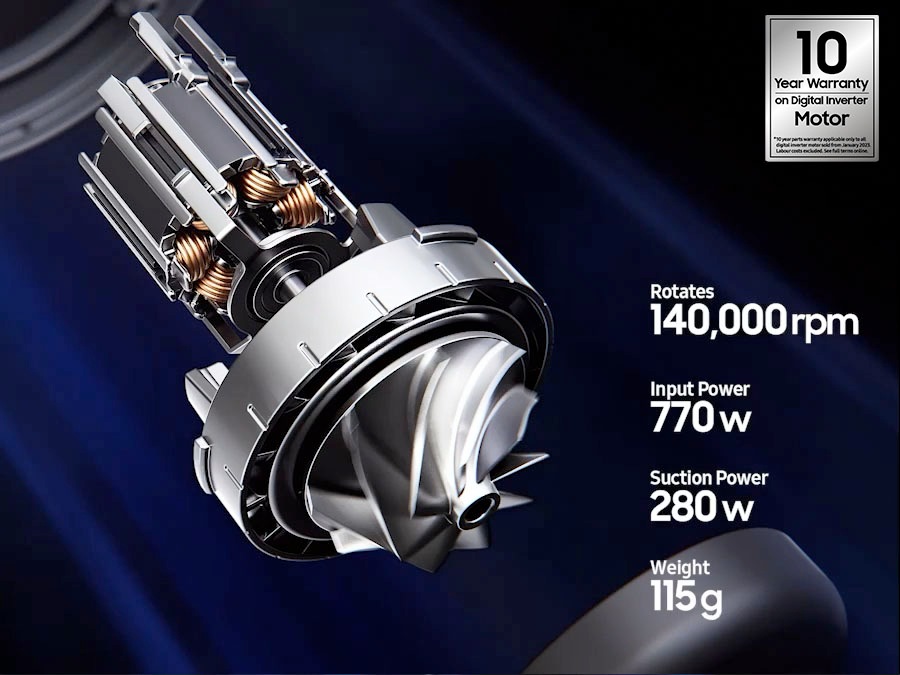 Motor se snažno okreće. Motor s digitalnim inverterom ima brzinu vrtnje 140 000 okretaja u minuti, ulaznu snagu 770 W, usisnu snagu 280 W i težinu 115 g. Ovaj motor, koji dolazi s 10-godišnjim jamstvom, prikazuje sofisticirani dizajn lopatica turbine.