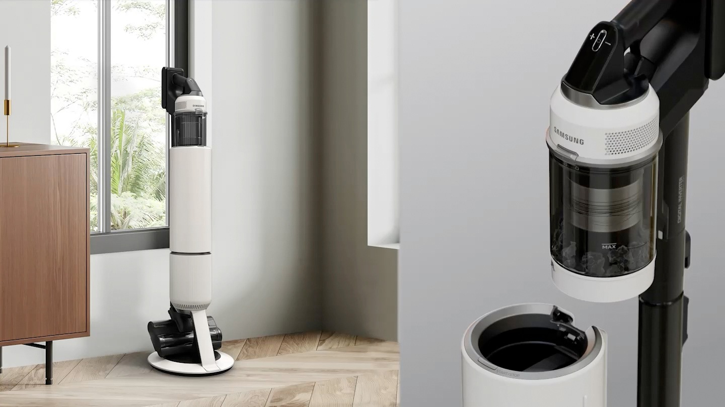 'Samsung Bespoke Jet AI Lite' u dnevnoj sobi i video 'All in one clean station' na djelu.