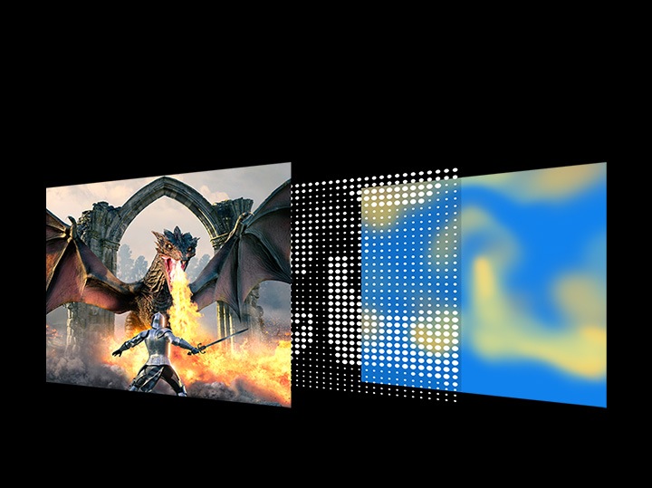 Slika prikazuje toplinske točke i toplinsku kartu iza monitora sa scenom Black Desert. Kako temperatura raste, svjetlina se smanjuje.