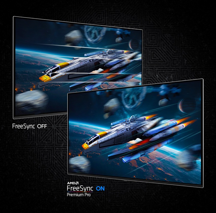 Dva ekrana prikazuju letjelicu u svemiru. FreeSync OFF prikazuje isjeckaniju sliku nego AMD FreeSync Premium Pro ON.