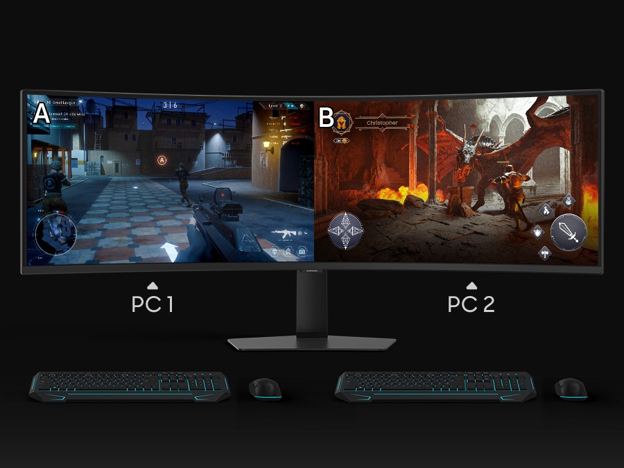 Akcijske scene iz dvije različite igre prikazuju se na jednom zaslonu. PC 1 prikazuje A, a PC 2 prikazuje B. Svaki ima tipkovnicu i miš.