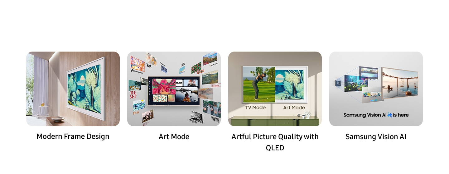 Ključne značajke The Framea. Moderan dizajn okvira, umjetnički način rada, umjetnička kvaliteta slike s QLED-om koji prikazuje TV način rada i umjetnički način rada, logotip Samsung Vision AI.