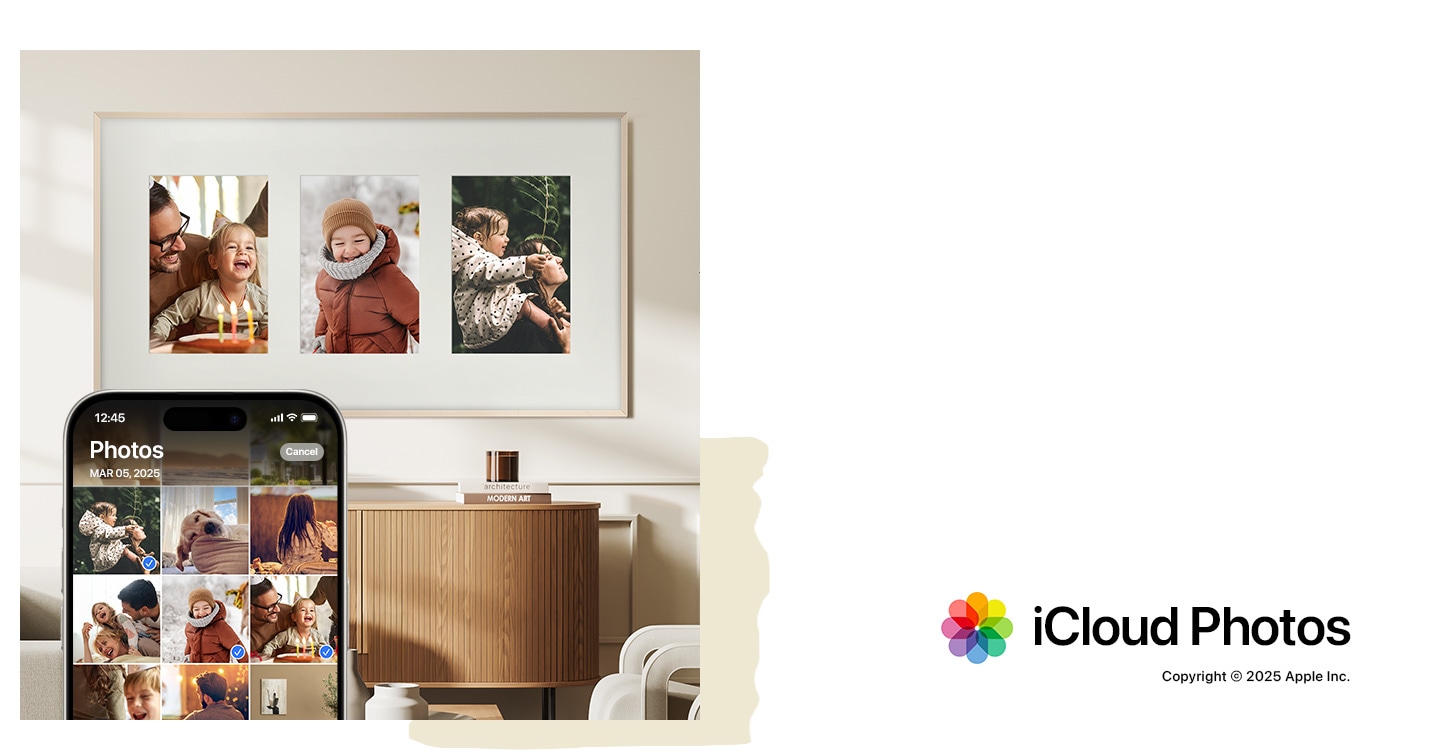 Tri osobne fotografije učitavaju se u The Frame s mobilnog uređaja i prikazuju poput kolaža. Logotip iCloud fotografija. Autorska prava © 2025 Apple Inc.