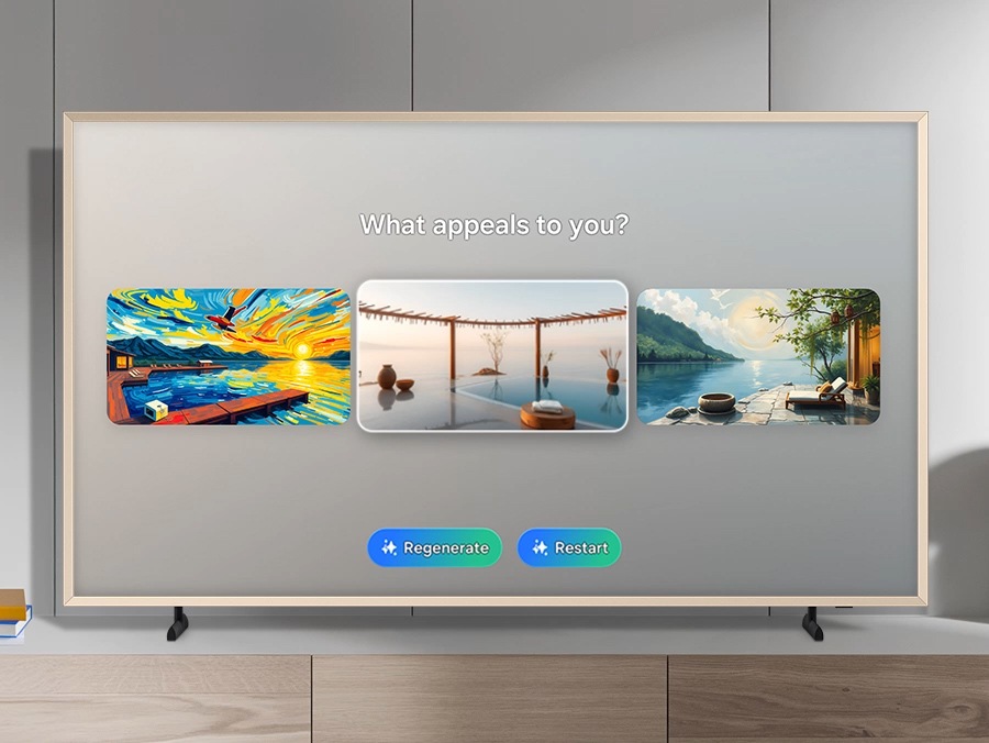TV s Otključajte svoju maštu Odaberite temu ključne riječi, Priroda, Party raspoloženje, Iskoristite svoj dan, Sretan praznik, Deco, Inspire me. Iskoristite svoj dan kliknite. Što vas privlači? 3 slike, Regeneriraj, Ponovno pokreni. Regeneriraj klik. 3 nove slike. Klik na sliku. Odabrana slika je spremljena. Sadržaj generiran umjetnom inteligencijom.