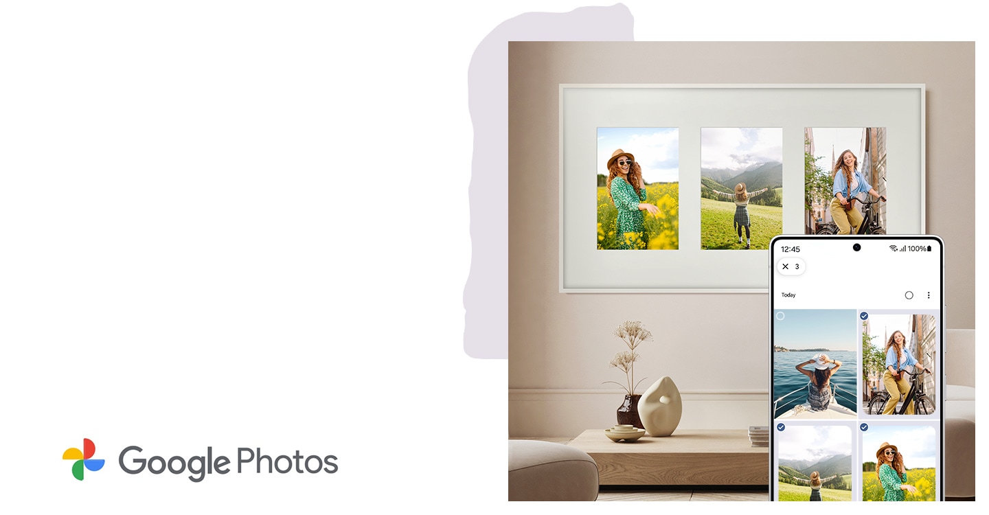 Tri osobne fotografije učitavaju se u The Frame s mobilnog uređaja i prikazuju poput kolaža. Logotip Google fotografija.
