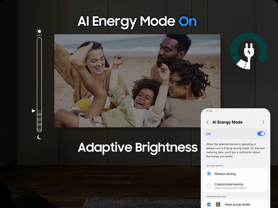 Kada je AI Energy Mode isključen, okruženje oko TV-a izgleda svijetlo. Iskočit će zaslon pametnog telefona koji prikazuje AI Energy Mode i on se prebacuje s Off na On. Uz aktiviranu adaptivnu svjetlinu i AI Energy Mode, razina energije značajno opada, a ljestvica se pomiče s dana na noć.