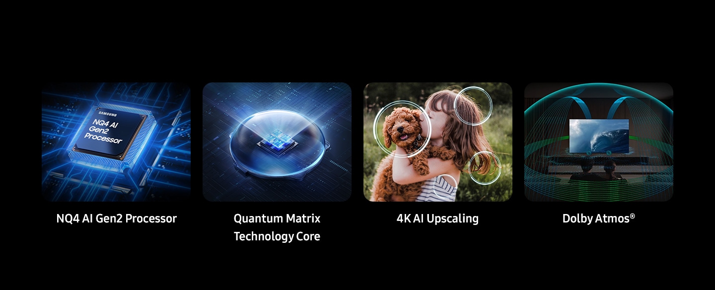 Samsung NQ4 AI Gen2 procesor. Quantum Matrix Technology Core. 4K AI povećanje veličine. Dolby Atmos®.