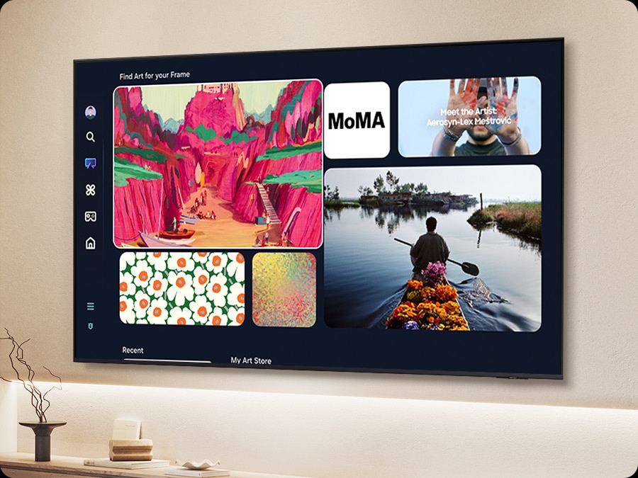 TV zaslon prikazuje Samsung Art Store, koji prikazuje nekoliko različitih opcija za slike.