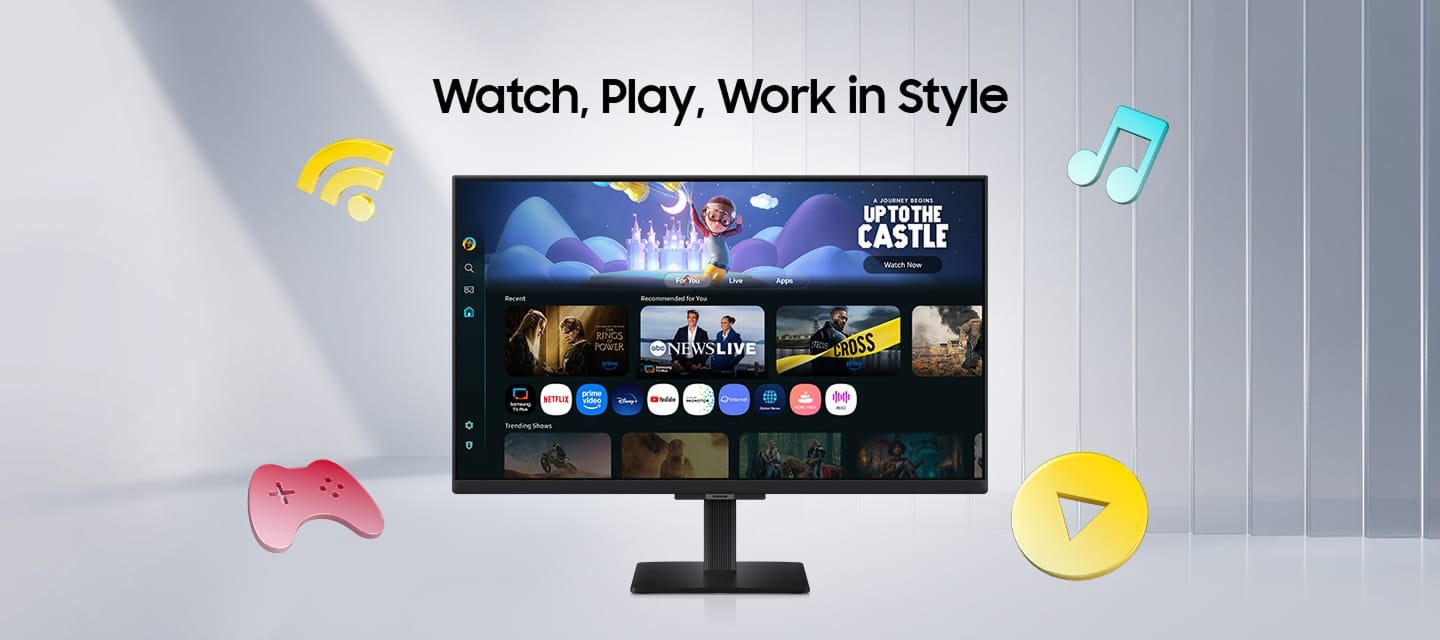 Gledajte, igrajte se, radite sa stilom. Samsung pametni monitor M5 s ikonama Wi-Fi-ja, igraće konzole, glazbe i gumba za reprodukciju. Zaslon prikazuje razne aplikacije, sadržaj i pregled igre "UP TO THE CASTLE".
