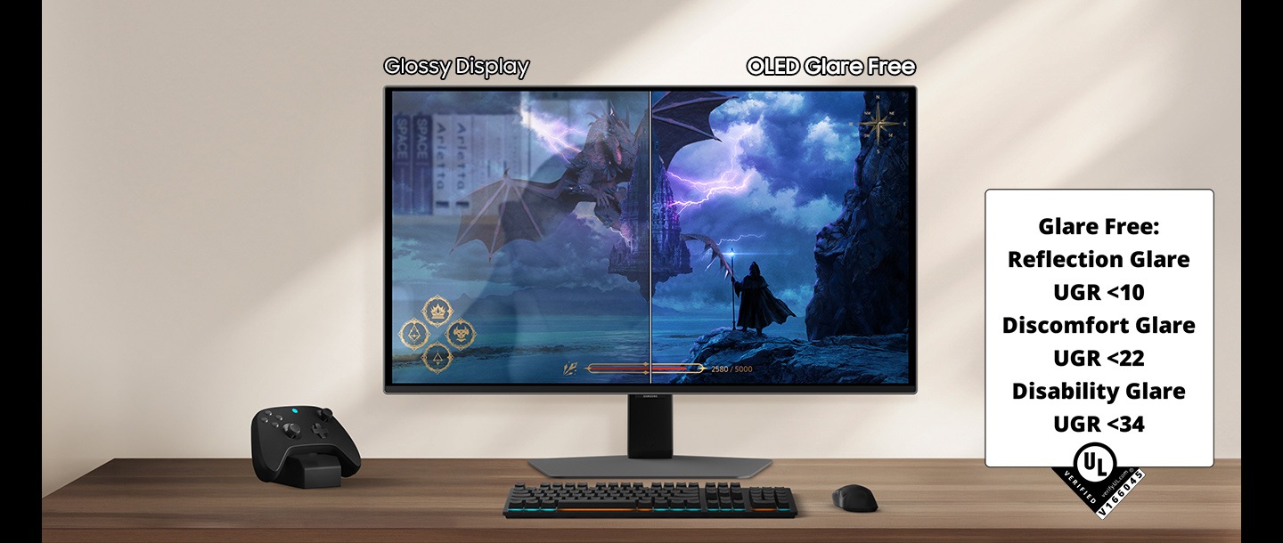 Monitor s postavkama za igranje. Refleksije se mogu vidjeti na sceni igranja zahvaljujući sjajnom zaslonu. OLED zaslon bez odsjaja prikazuje jasnu sliku. Bez odsjaja: UGR odsjaja i odsjaja <10, UGR neugodnog odsjaja <22, UGR invalidskog odsjaja <34.