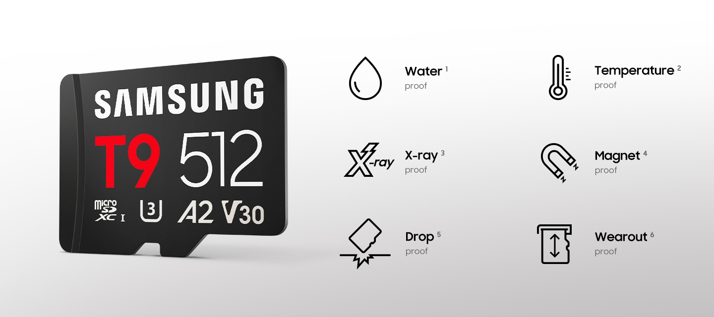 A T9 microSD Card floats on a white background, surrounded by six proof icons labelled as "Water", "Temperature", "X-ray", "Magnet", "Drop", "Wearout"