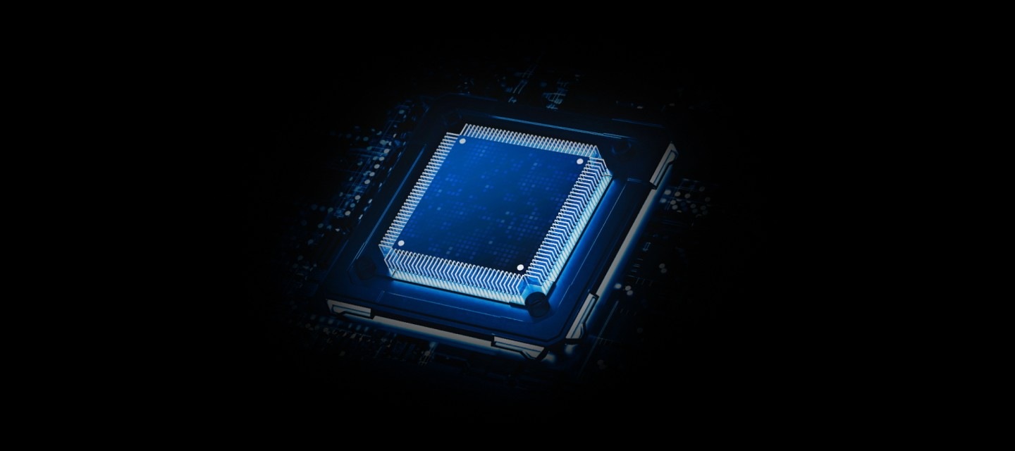 Samsung NQ4 AI Gen2 Processor chip descends on the TV's main board and lights up with waves of power surging from the chip to the rest of the TV.