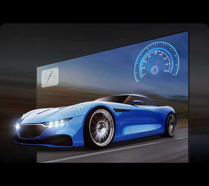 The blue car on the TV screen looks clear and visible on the TV due to motion xcelerator 120hz technology.