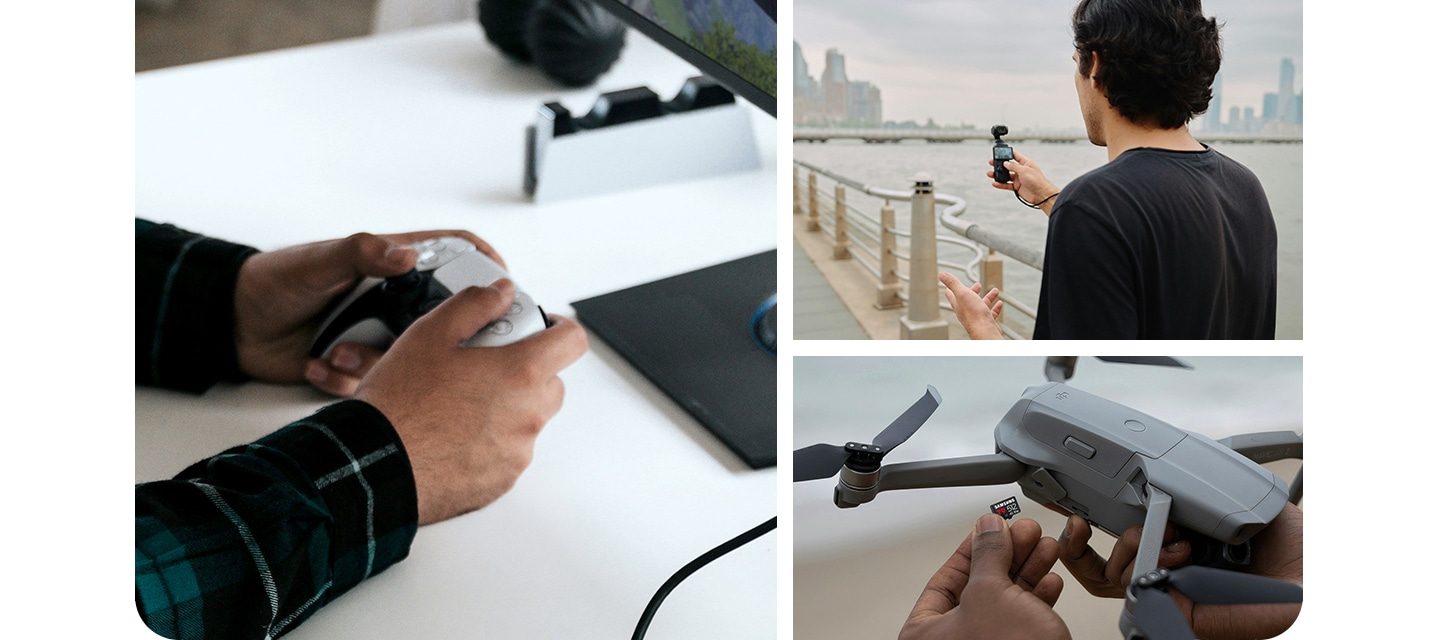 A three-panel collage shows hands using a game controller at a desk, a person filming with a handheld camera by a waterfront railing, and hands inserting a microSD card into a compact drone.