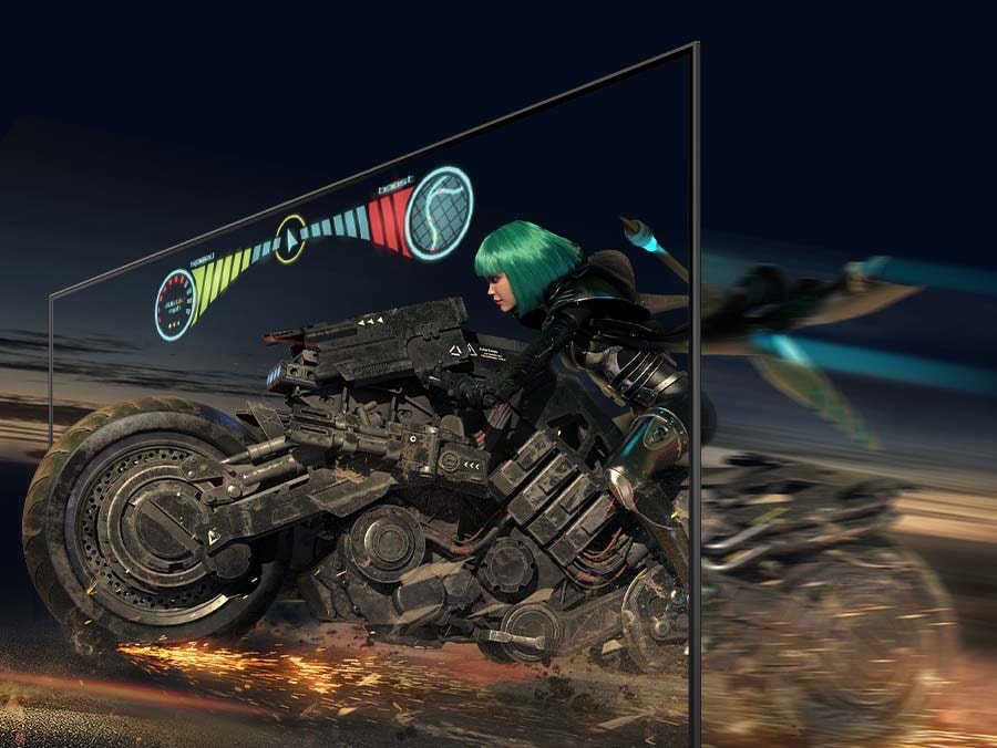 Ženski lik vozi motocikl kroz ekran glatko što rezultira jasnom slikom.