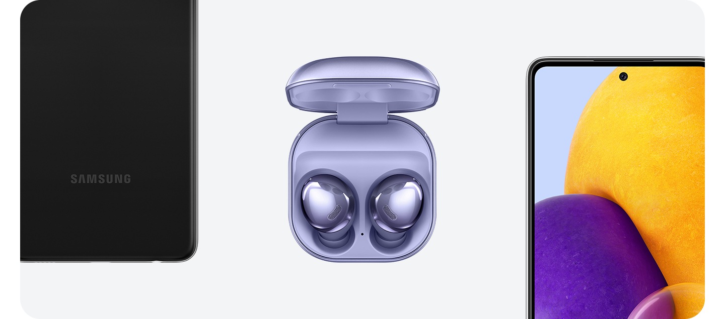 Buds Pro slušalice nalaze se u sredini, a njihova je kutijica otvorena. Gore lijevo prikazan je uređaj Galaxy A72 straga, dok je dolje desno prikazan Galaxy A72 sprijeda.