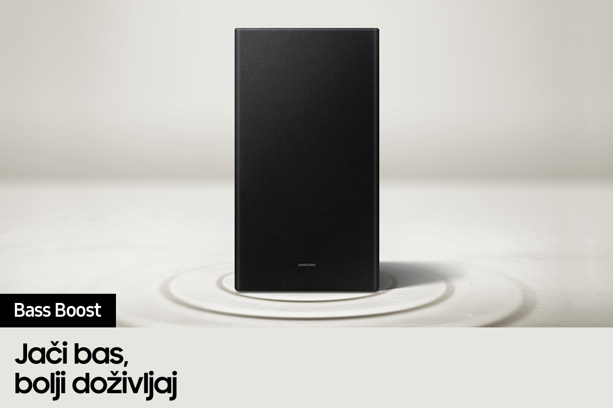 Grafički prikazani vibracijski prstenovi koji izlaze iz Samsung soundbar zvučnika dočaravaju snažne mogućnosti reprodukcije basova ovog uređaja.