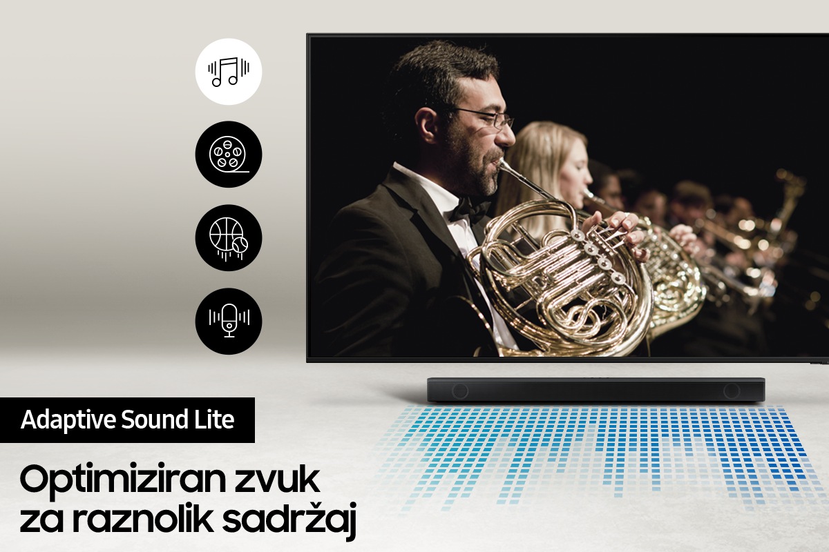 Samsung soundbar zvučnik optimizira i prilagođava zvuk kako bi pristajao svakom televizijskom sadržaju.
