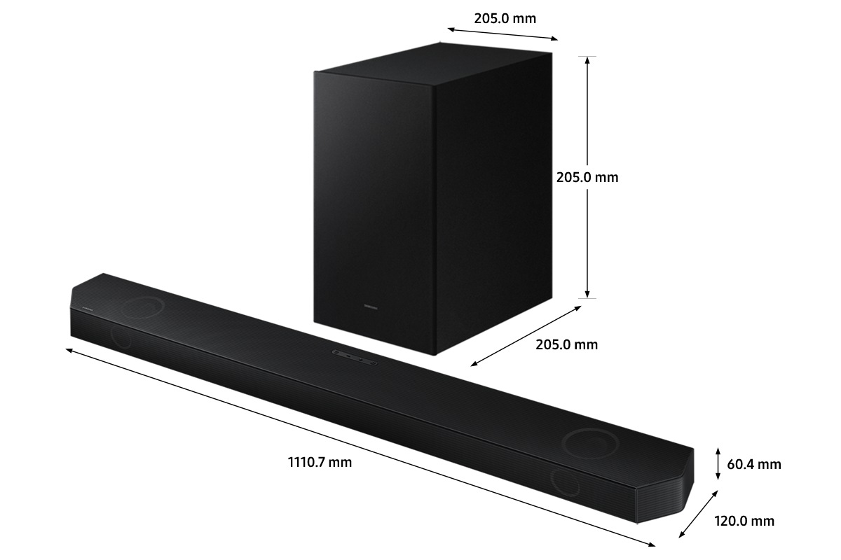 Dimenzije Samsung soundbar zvučnika HW-Q700B (1110.7 x 120.0 x 60.4 mm) s pripadajućim dubokotoncem (205 x 205 x 205 mm).