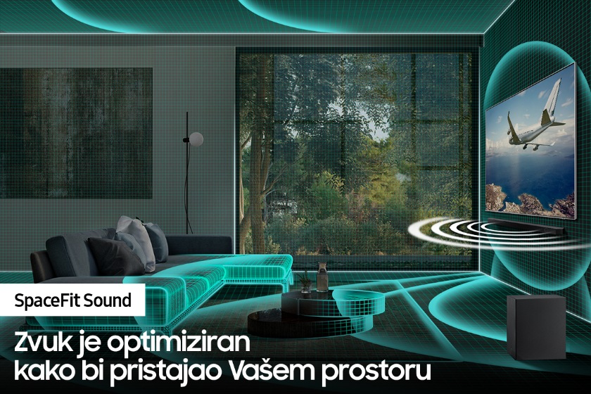 SpaceFit Sound tehnologija analizira podatke o unutrašnjosti dnevne sobe koje potom upotrebljava za optimizaciju postavki zvuka televizora i soundbar zvučnika.