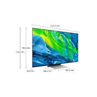 Dimenzije Samsung OLED TV-a S95B dijagonale 55 inča sa srebrnim središnje postavljenim postoljem