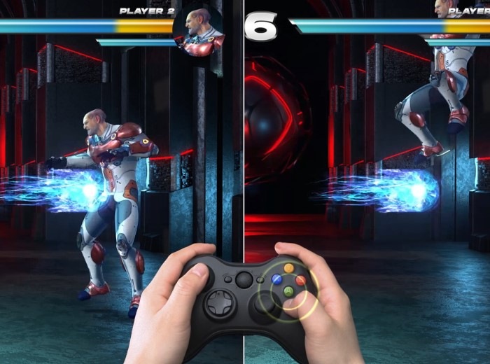 A scene in a game is on display while a person plays with the gaming console. 