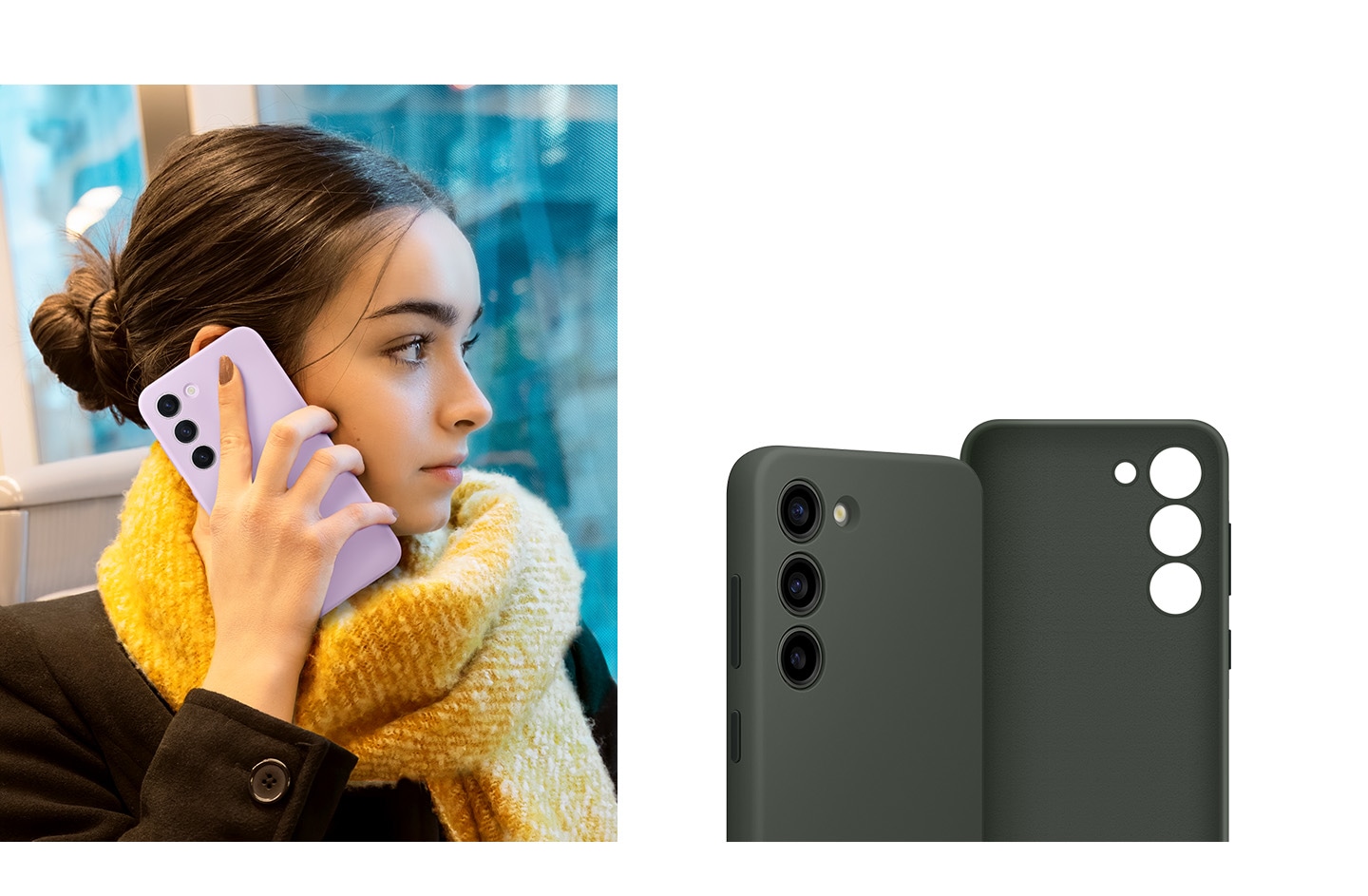 Egy nő kényelmesen, a füléhez közel tart egy Galaxy S23 telefont, amin szilikontok van. Közeli képen a tok belseje és külseje látható.