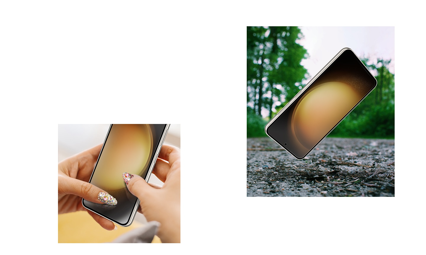 Egy képernyővédő fóliával ellátott Galaxy S23 készülék egy durva felületre van helyezve. A képernyővédő fóliával ellátott Galaxy S23 telefont két kéz tartja, és körmök karcolják a képernyőt, kiemelve a karcolásálló bevonatot.