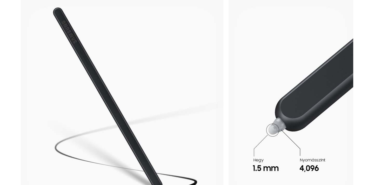 Az S Pen Fold Edition fekete vonalat rajzol. Közeli kép az S Pen Fold Edition hegyéről, az 1,5 mm-es Pen hegyéről és a 4096 nyomásszintről.