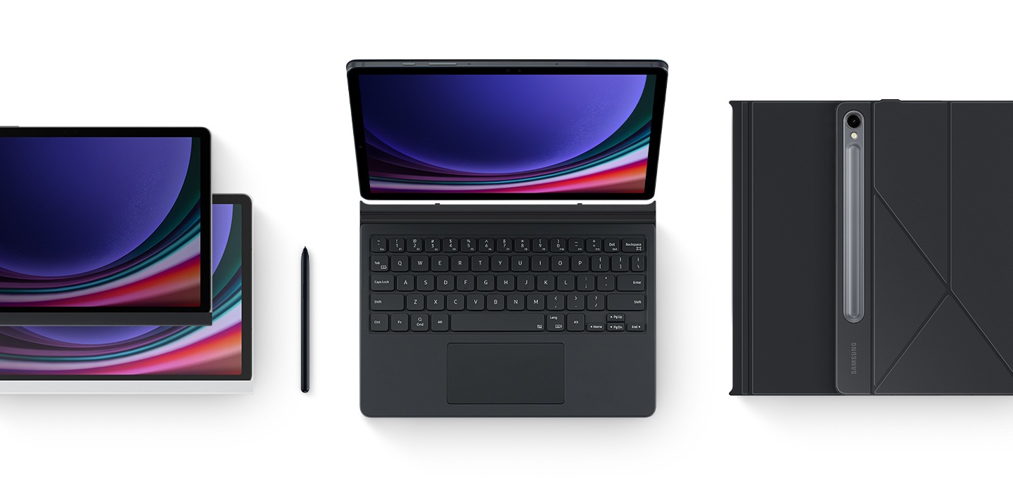Számos Galaxy Tab S9 tartozék elrendezése, beleértve a Book Cover Keyboard-ot, a betekintésgátló fóliát, a NotePaper Screen-t, a két Smart Book Cover-t és a Galaxy Tab S9 mellett elhelyezett S Pen-t.