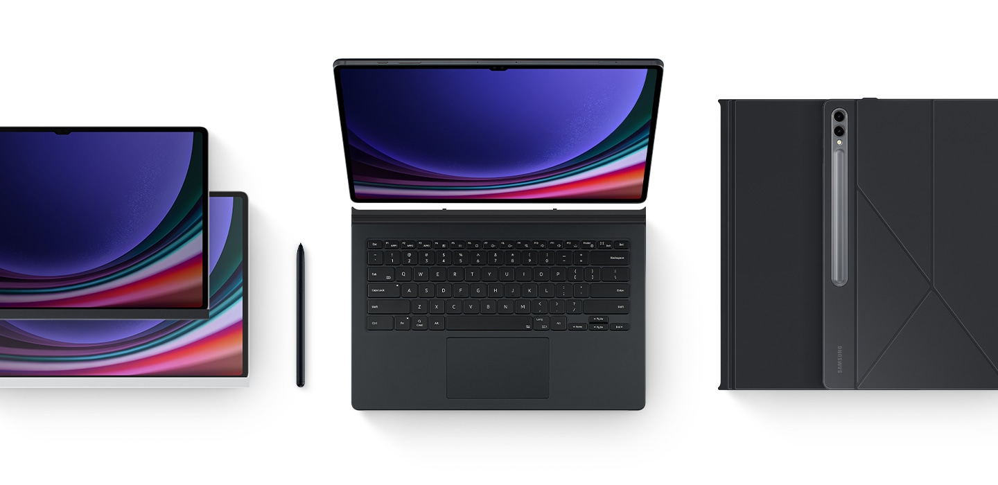 Számos Galaxy Tab S9 Ultra tartozék elrendezése, beleértve a Book Cover Keyboard-ot, a betekintésgátló fóliát, a NotePaper Screen-t, a két Smart Book Cover-t és a Galaxy Tab S9 Ultra mellett elhelyezett S Pen-t.