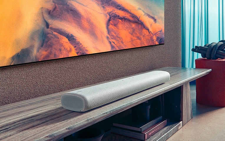 Soundbar seen placed TV