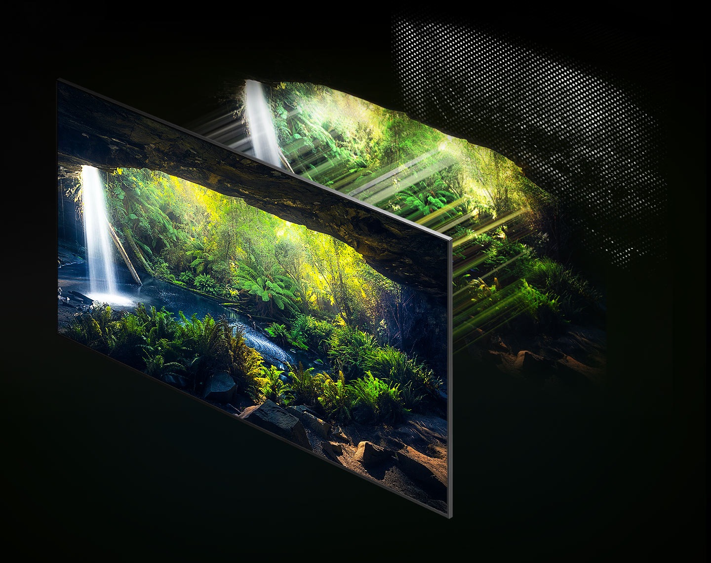 Prek Quantum Mini LED in mikrosloja je čudovit gozdni zaslon, viden iz notranjosti jame, podrobno prikazan na svetlih in temnih območjih, ki je zelo jasno prikazan.