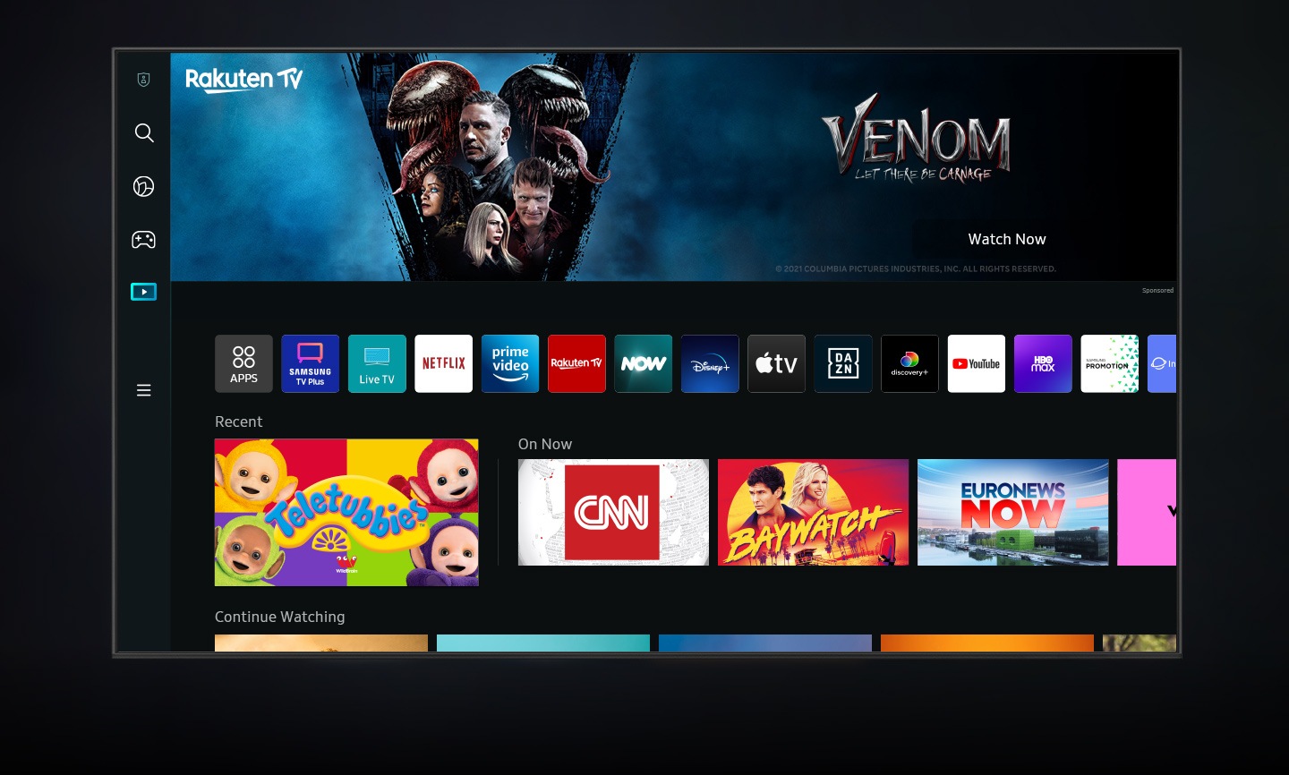 The new Smart Hub UI is displayed to show a wide variety of OTT services and contents being serviced.