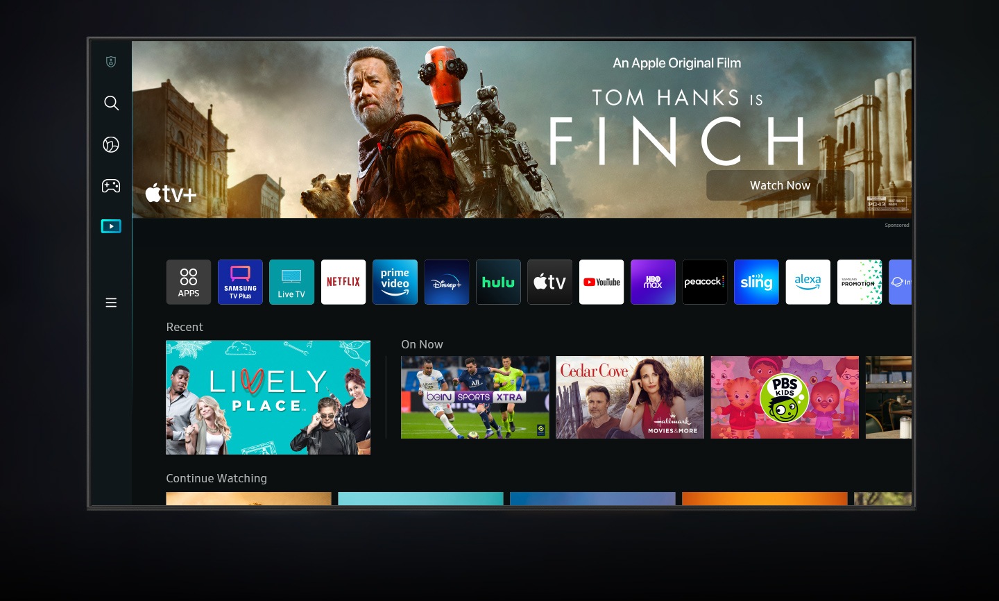 The new Smart Hub UI is displayed to show a wide variety of OTT services and contents being serviced.