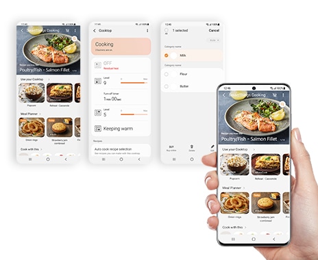 The Personalized Recipes & Meal Plans, Full Control with Guided Cooking, and Convenient Grocery Shopping are able in the SmartThings Cooking app.