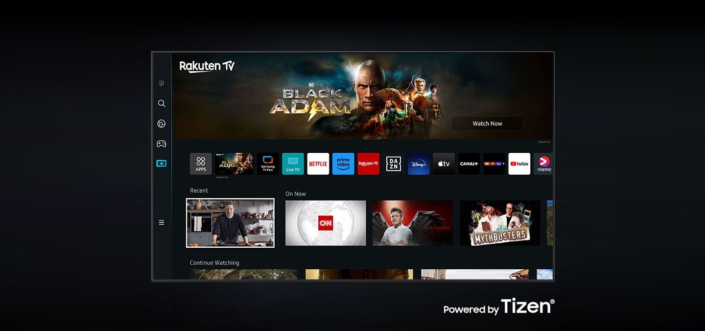 Новият потребителски интерфейс на Smart Hub, захранван от Tizen, се показва, за да покаже голямо разнообразие от обслужвани OTT услуги и съдържание.