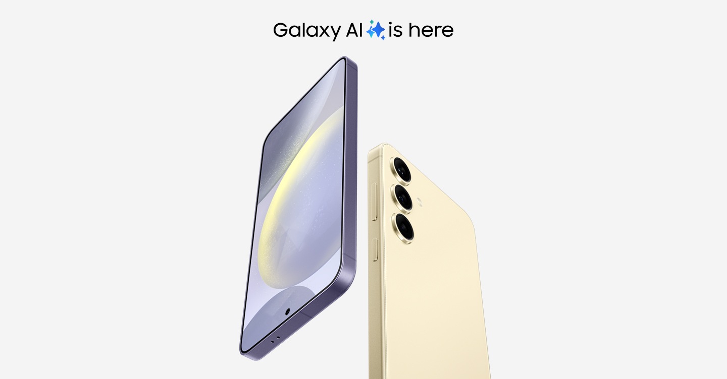 Galaxy AI is here. Galaxy S24 plus in Cobalt Violet is seen from the front and Galaxy S24 in Amber Yellow is seen from the rear.