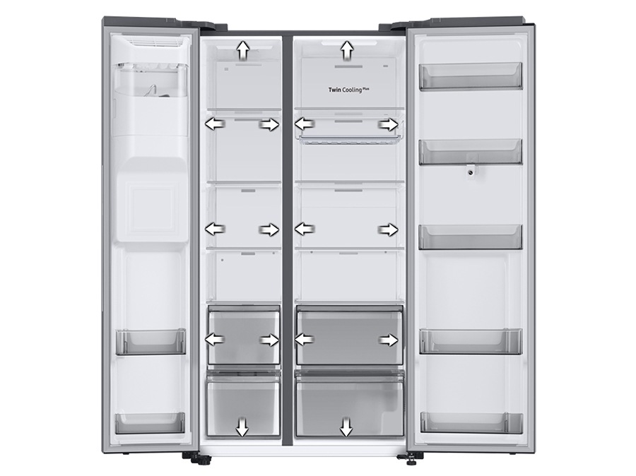 The arrows indicate that the refrigerator has more storage space than before. SpaceMax™ technology allows you to store more food.
