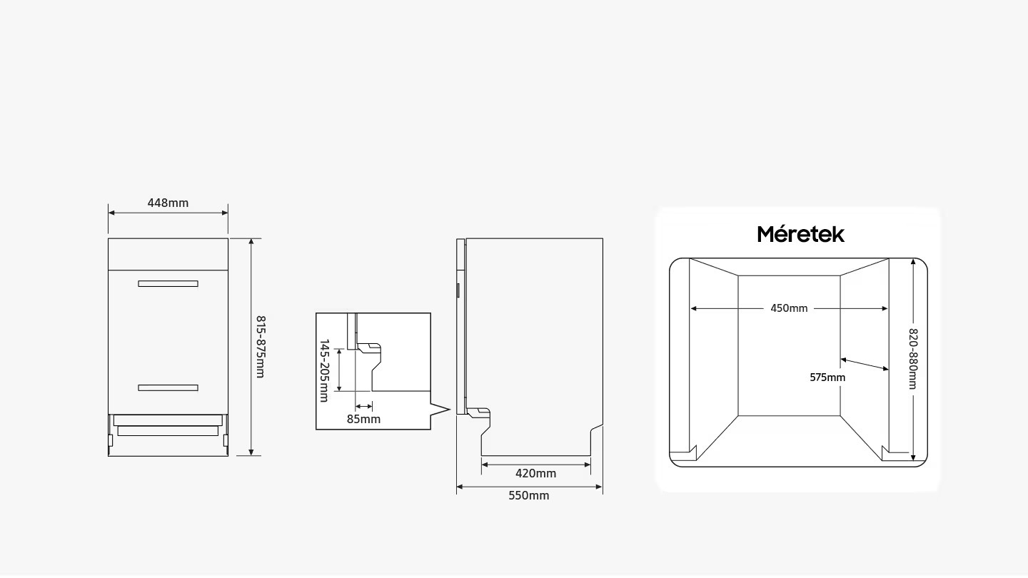 Diagrams highlight the dimensions of the dishwasher : height = 815-875mm, width = 448mm, depth (incl. door) = 550mm, depth of floor adjacent surface  (excl. door and rear protrusion) = 420 mm. The bottom of the door is 145-205mm higher than the base and there is a gap of 85mm behind it to allow it to open. Another diagram shows the dimensions of the cabinet that the dishwasher can be installed in: height = 820-880mm, width = 450mm , depth = 575mm.